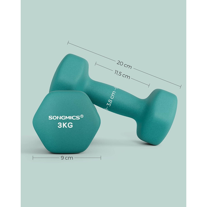 Гантелі SONGMICS 2 x 3 кг, шестигранні, неопрентове покриття, набір для фітнесу та силових тренувань вдома, аквамаринові