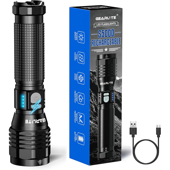 Ліхтар налобний LED Gearlite, 10000 люмен, перезарядна, 5 режимів, IP65, Zoom, 4800mAh, для кемпінгу, туризму, надзвичайних ситуацій