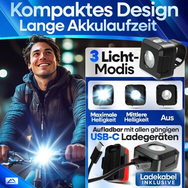 NEXTCOVER® Велосипедні ліхтарі: комплект з LED [VisionOne] USB-C, водонепроникні, схвалені StVZO, передній та задній ліхтарі, акумуляторний, велосипедне освітлення