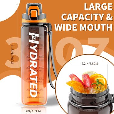 Спортивна пляшка для води з позначеннями часу, 1000 мл, Tritan, без BPA, вихідний колір - Sunset Orange