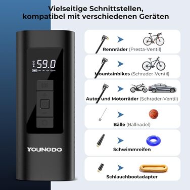 Електричний насос для велосипедів YOUNGDO 150PSI, акумуляторний компресор 6000mAh для всіх вентилів, мотоциклів та м'ячів