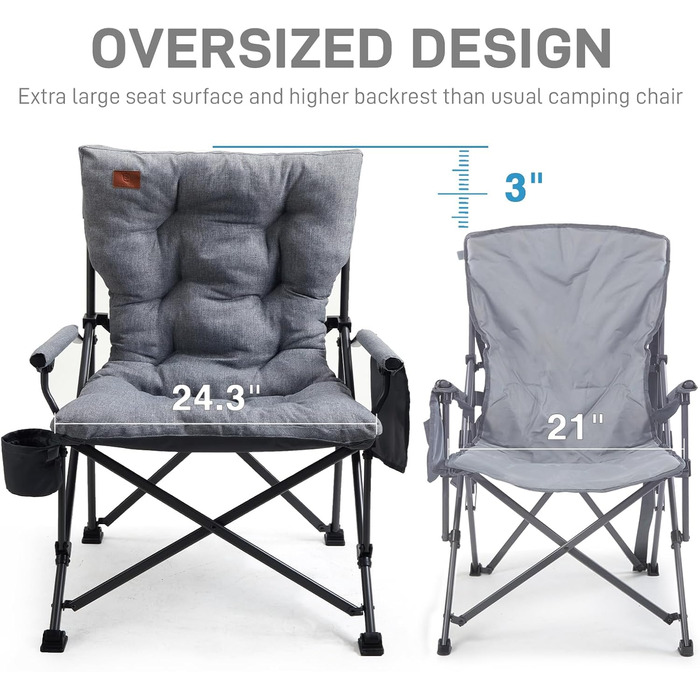 Крісло для кемпінгу EVER ADVANCED, складне, 230 кг, XL, широке сидіння 62 см, з кишенею та тримачем для напоїв, для кемпінгу, відпочинку на природі, балкону, саду