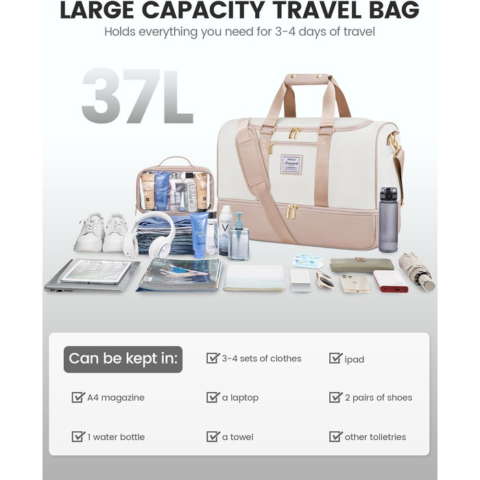 Сумка-валіза LOVEVOOK для жінок, 37L, для подорожей, вихідної подорожі, пологового будинку з косметичкою, відділенням для взуття та мокрих речей, водонепроникна спортивна сумка, Gym Yoga Bag, ручна поклажа для спорту, відпустки, літака, бежево-рожева