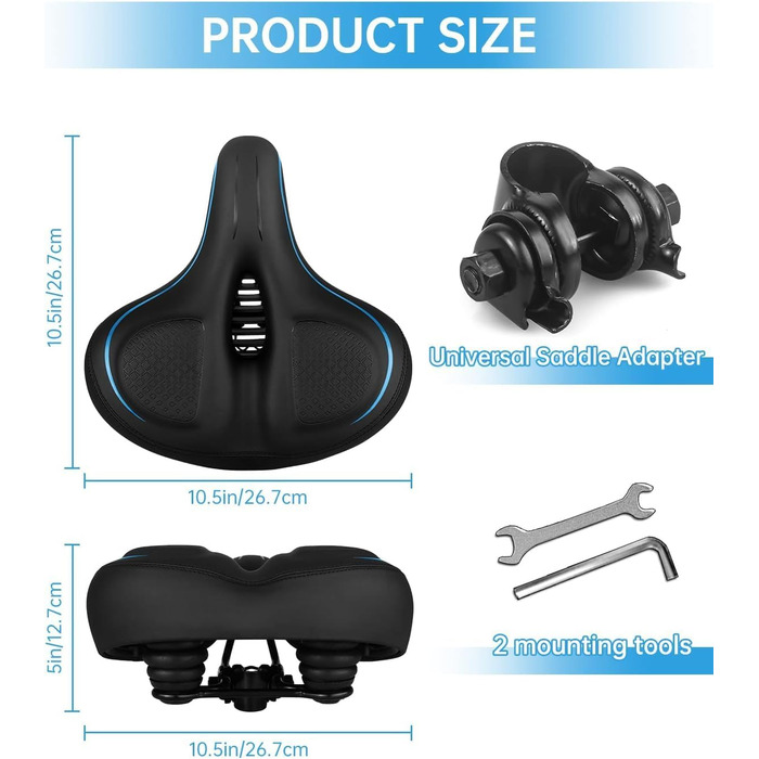 Широке велосипедне сідло з гелевою подушкою для жінок та чоловіків, комфортне, водонепроникне, дихаюче, з пам'яті ефекту, з інструментами для міських, шосейних, гірських велосипедів/фітнес-велотренажерів (Чорний/Синій)