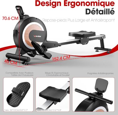 Гребний тренажер Wenoker з магнітним опором, для дому, 32 рівні опору, з додатком, для домашнього спортзалу, кардіотренажер, 160 кг, LCD-монітор (H310C)