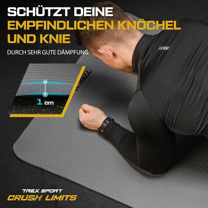 TREX SPORT Килимок для гімнастики та фітнесу | Товстий та м'який, 190x80x1 см, з ручкою для перенесення, неслизький, сірий | Килимок для йоги