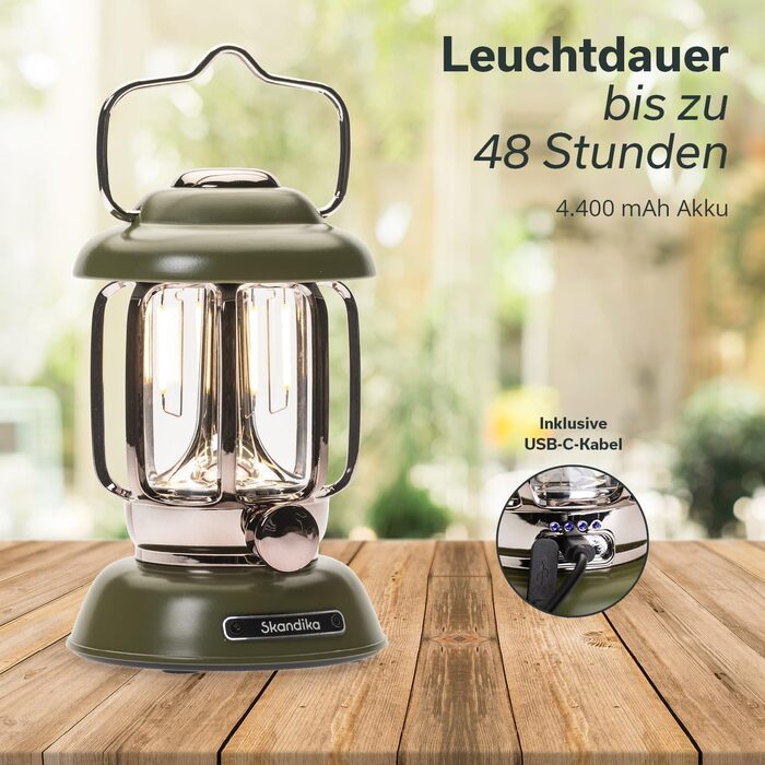 Ліхтар намету Skandika Forsol LED Retro стиль | Акумулятор 4400mAh, регулювання яскравості, для кемпінгу, саду, декору, піших прогулянок, зелений