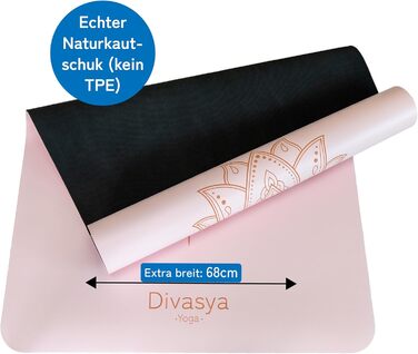 Преміум йога-мат DIVASYA, нековзкий, натуральний каучук, професійне японське покриття, 185x68x0,45 см, ремінець, 4,5 мм, без шкідливих речовин, пастельно-рожевий