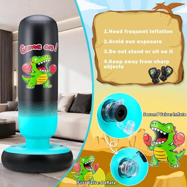 Дитячий боксерський мішок з боксерськими рукавичками та насосом, 165 см, стабільний динозавр та мішень, 2 в 1, надувний боксерський мішок для дітей, комплект для тренувань, подарунок для хлопчиків та дівчаток 3-12 років