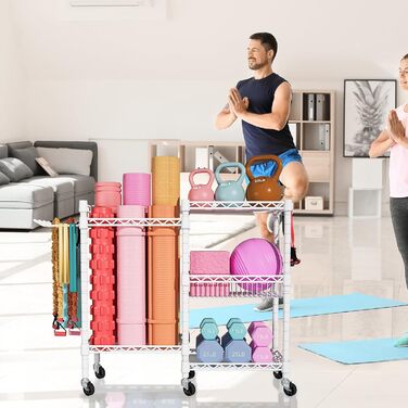 Органайзер для домашнього спортзалу FUTASSI з 3 рівнями, для килимків для йоги, ролерів, гантелей, гир та еластичних стрічок, білий/оптичний сад, подвійний ряд