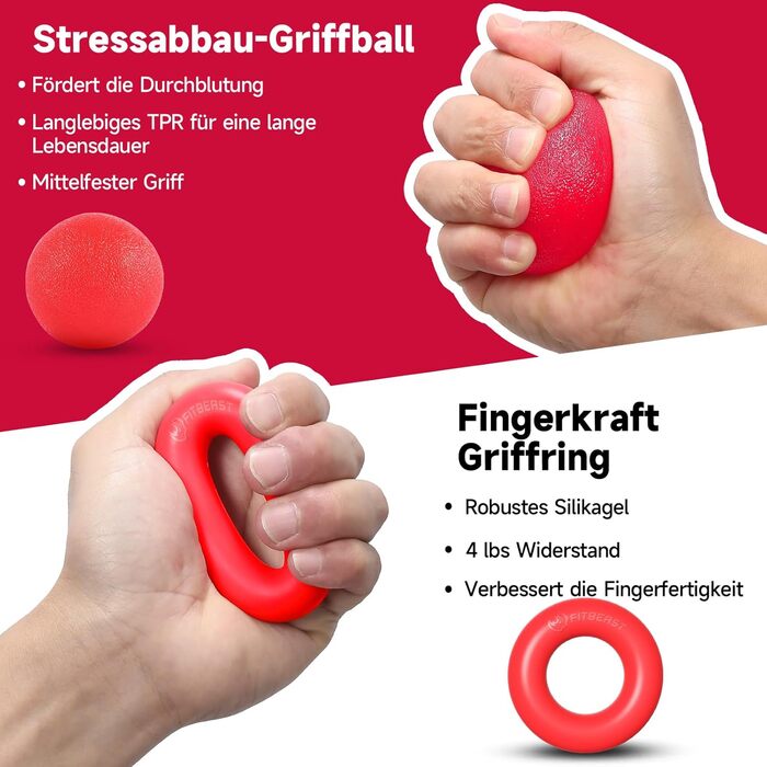 FitBeast Тренажер для рук та пальців 5 в 1: набір для силових тренувань, підтримка зап'ястя, зняття стресу (червоний)