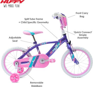 Дитячий велосипед Huffy Glimmer 16 дюймів, фіолетово-рожевий, для дівчаток 5-6 років, легкий, з додатковими колесами