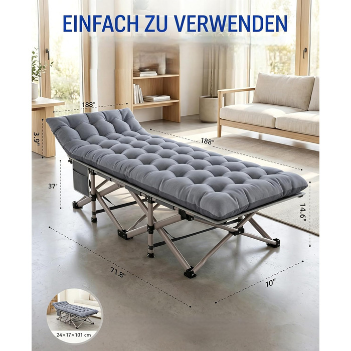 Ліжко туристичне розкладне Feldbett 7-зонне XXL 250 кг, 1200D Oxford, кут нахилу 15°, сіре – для кемпінгу, саду, палатки