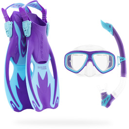 Набір Cressi Junior Rocks Kids для дітей 3-8 років: маска, сухий снорк, ласти та сітчаста сумка (S/M, 26/32, фіолетовий/блакитний)