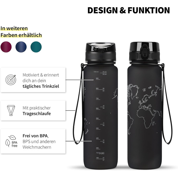 Пляшка для води 720°DGREE uberBottle 1л з ситечком, тритановий, герметичний, легкий, BPA-free, для спорту, фітнесу, велосипеда, університету, чорний Onyx Black, Softtouch