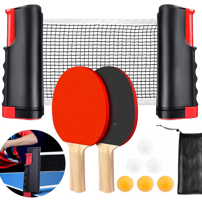 Набір для настільного тенісу з регульованою ручкою та сіткою, ідеальний для гри в приміщенні та на вулиці, а також для тренувань. Комплект 2