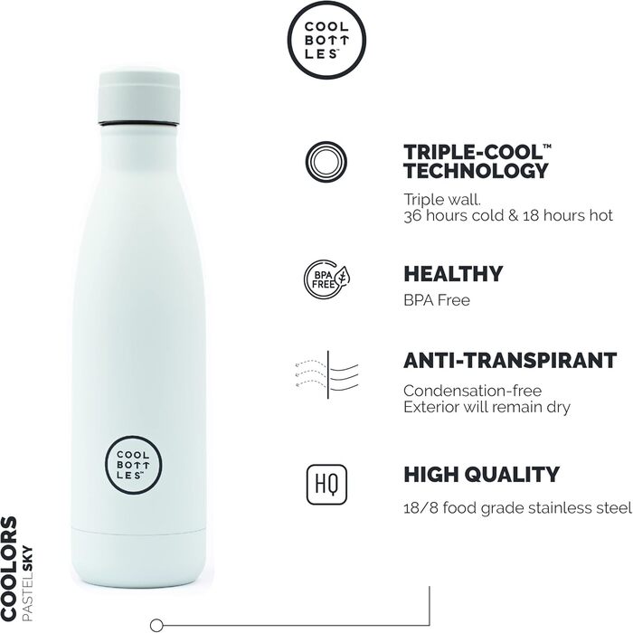 Термобутилка з нержавіючої сталі Cool Bottles 500 мл Pastel Sky, тримає холод 36 годин і тепло 18 годин, BPA Free, Triple-Cool Technology