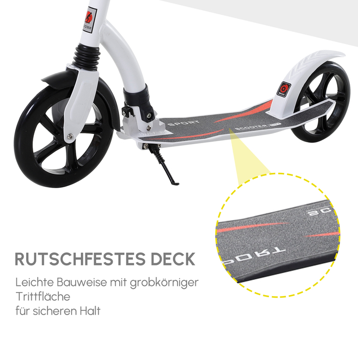 Дитячий самокат HOMCOM – ідеальний вибір для активних підлітків! Цей самокат з амортизацією, що складається та має регульовану висоту, розроблений для дітей віком від 14 років. Легка алюмінієва конструкція, стильний білий колір та компактні розміри (92,5 