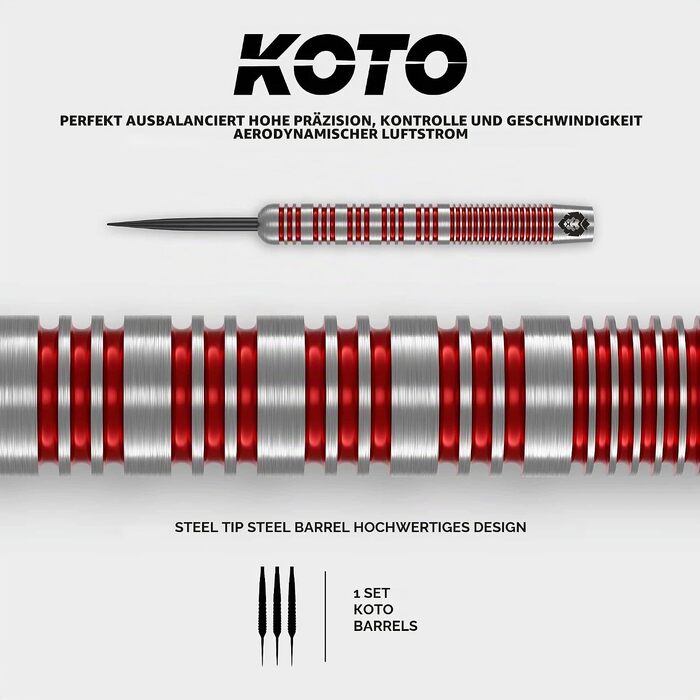 Сталеві дротики KOTO 10076 (18 г) з кільцевим хватом, сріблясто-червоні: 3 барелі, 3 флайти та 3 шафти, лазерне гравіювання
