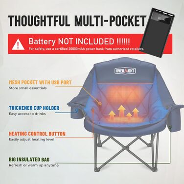 Обідній стілець для кемпінгу OVERMONT з підігрівом XL, розкладний, для відпочинку на природі, риболовлі, блакитний
