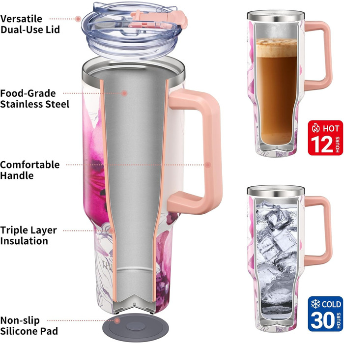 THILY Термопляшка з нержавіючої сталі з кришкою та трубочкою, 1180 мл, спортивна термопляшка з широким горлом, подвійні стінки, зберігає напої холодними або теплими цілий день, колір Лаванда (P40 - Квітка Лотоса, Модель A: Міцний ручка + Компактна основа)