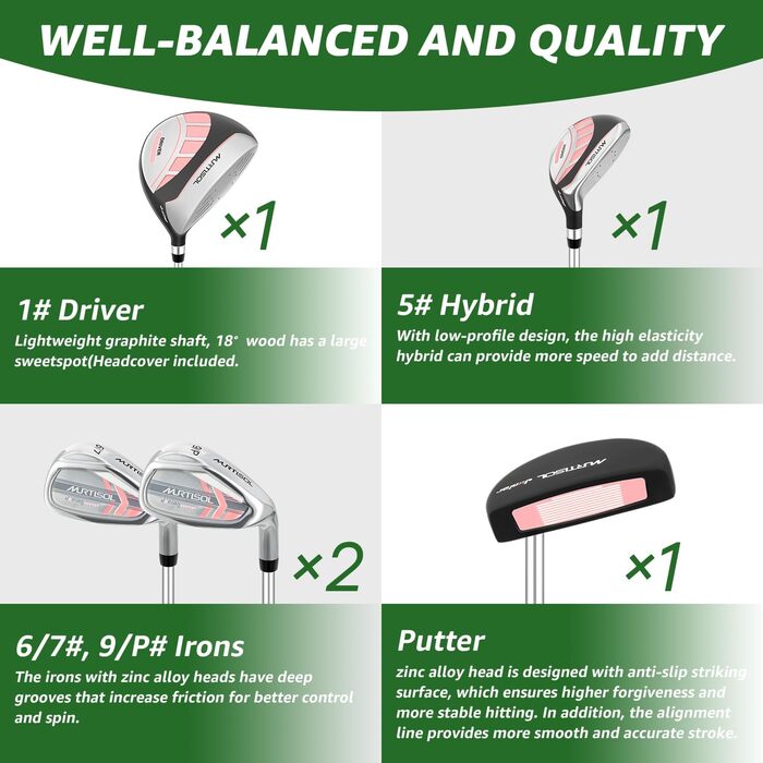 Комплект гольф-клубу на 6 предметів: повний набір з сумкою-стійкою, драйвер #1, гібрид #5, айрони #6/7, #9/P та паттер (для правшів, рожевий)