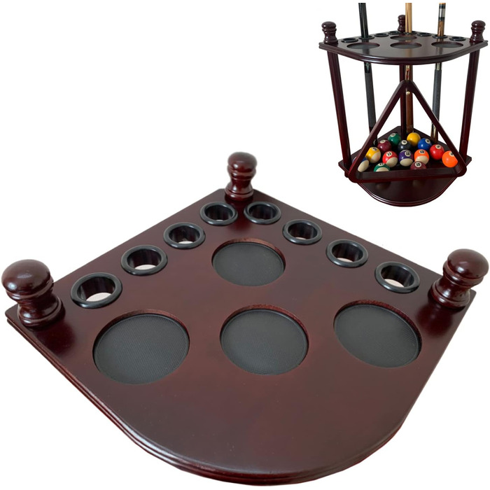 Стійка для більярдних київ GACCO BILLIARDS на 8 київ та аксесуари: кутовий тримач з масивного дерева, з тримачем для куль, з гачками (махагон)