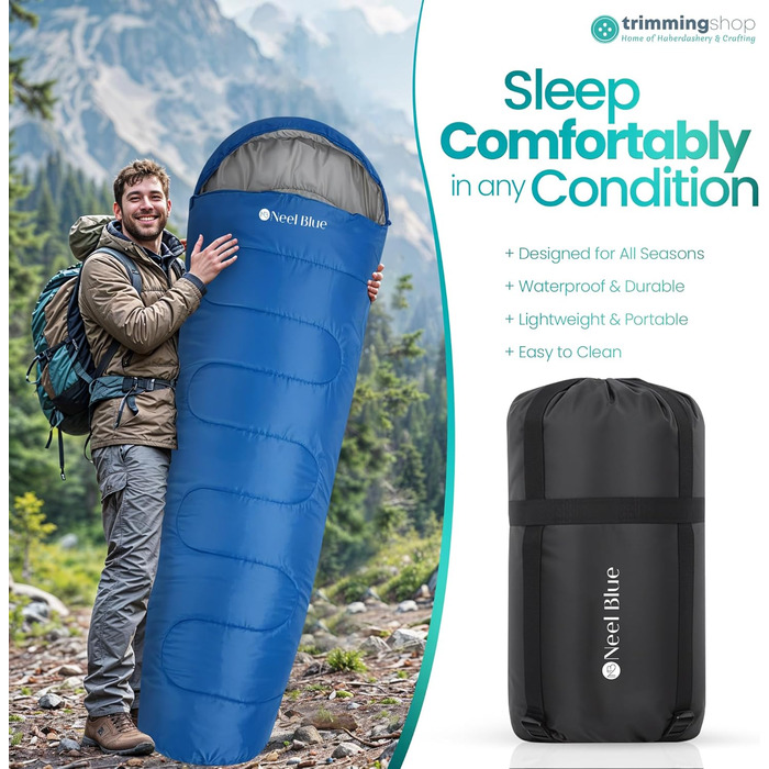 Спальний мішок Mumienschlafsack для дорослих - легкий, компактний, водонепроникний з капюшоном, 220x85см, теплий, пральний, для кемпінгу, походів, подорожей, зелений (королівський синій)