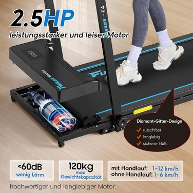Бігова доріжка для дому складний з нахилом 7% – 2.5HP тихий двигун, подвійне керування та страхувальний трос, компактний Walking Pad для дому та офісу, для людей похилого віку, початківців та реабілітації, без збирання, 4-в-1 FunLife F4 блакитний