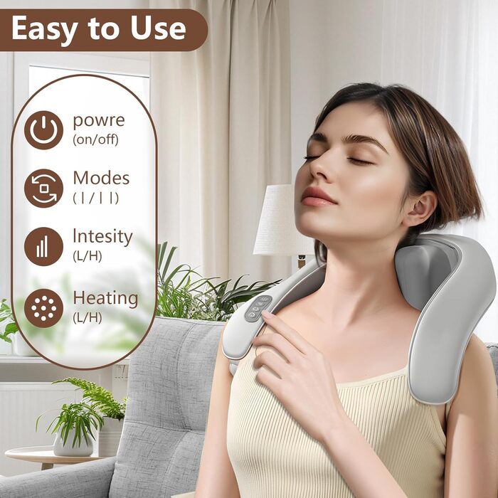 Електричний масажер для шиї та плечей Shiatsu з підігрівом, 4D масаж, бездротовий, для чоловіків та жінок, сірий A