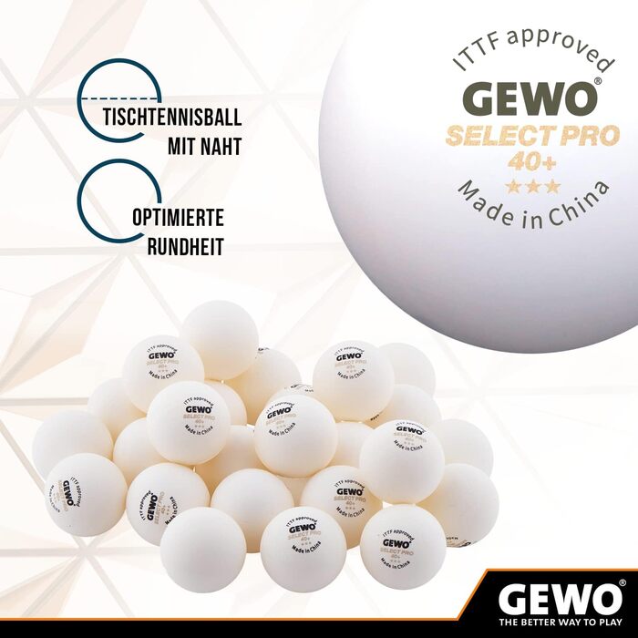 GEWO Select PRO тенісні м'ячі для настільного тенісу 3 зірки, пластикові 40+ мм зшиті, ITTF сертифіковані, білі, професійні, 3 шт.