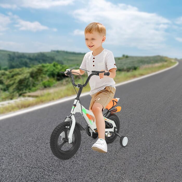 Дитячий велосипед 12 дюймів з підставками та пляшкою для води, регульований по висоті, для дітей 2-5 років, білий