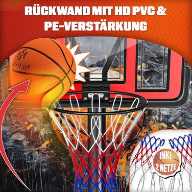 Баскетбольний кошик KESSER® Outdoor зі стійкою та колесами. В комплекті: 2 сітки, м'яч та насос. Регульована висота 230-305 см. Підходить для дітей та дорослих (червоний)