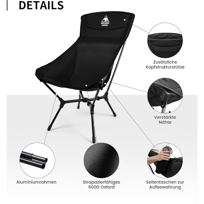 Стілець для кемпінгу OneTigris OASISFLEX, висока спинка, 150 кг, складний, легкий, з інтегрованим хрестоподібним каркасом, для риболовлі, з 2 кишенями, для відпочинку на природі, піших прогулянок (чорний)