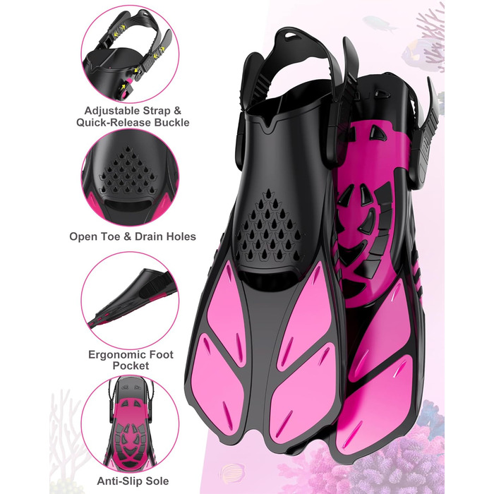 Набір для снорклінгу для дітей та дорослих, повна обличчя маска для снорклінгу та регульовані ласти, панорамна маска для снорклінгу з системою сухого типу Рожева