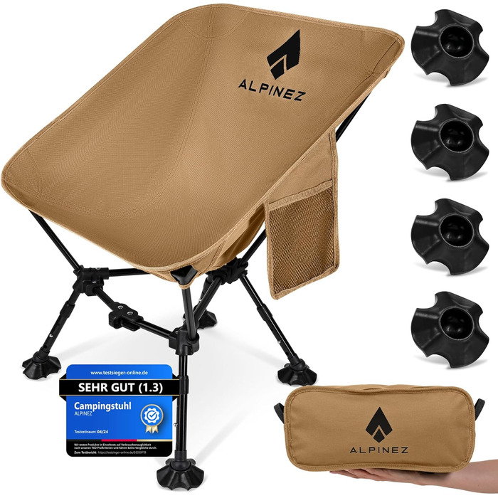 Зручний складаний стілець для кемпінгу Alpinez: легкий, регульований по висоті, компактний | стілець для риболовлі, пляжний стілець з ніжками-кнопками, зелений (бежевий)