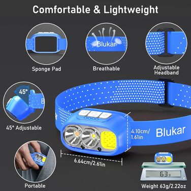 Кепка-ліхтарик Blukar LED з 2 режимами кольору, перезарядна, 2000L, регульована яскравість, червоне світло, датчик, 12 режимів, водонепроникна, 30+ годин роботи для надзвичайних ситуацій/кемпінгу/бігу (Королівський блакитний)