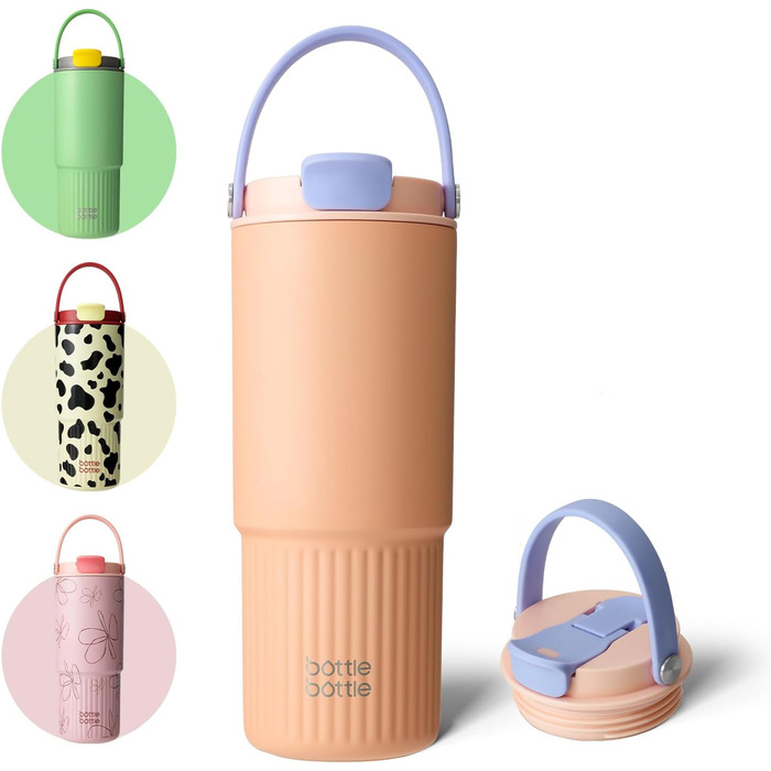 Термос BOTTLE BOTTLE 750 мл з трубочкою і ручкою, нержавіюча сталева пляшка для води, герметична, для авто, спорту, дому, офісу, школи, персикова