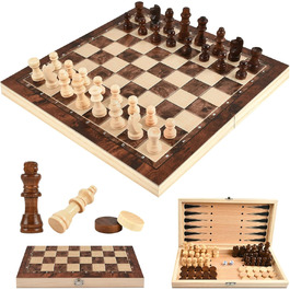 Шаховий набір дерев'яний 3 в 1 з шахами, шашками та настільною грою, преміум-якість, складаний, для дітей та дорослих, для гри вдома та в подорожах (29см)