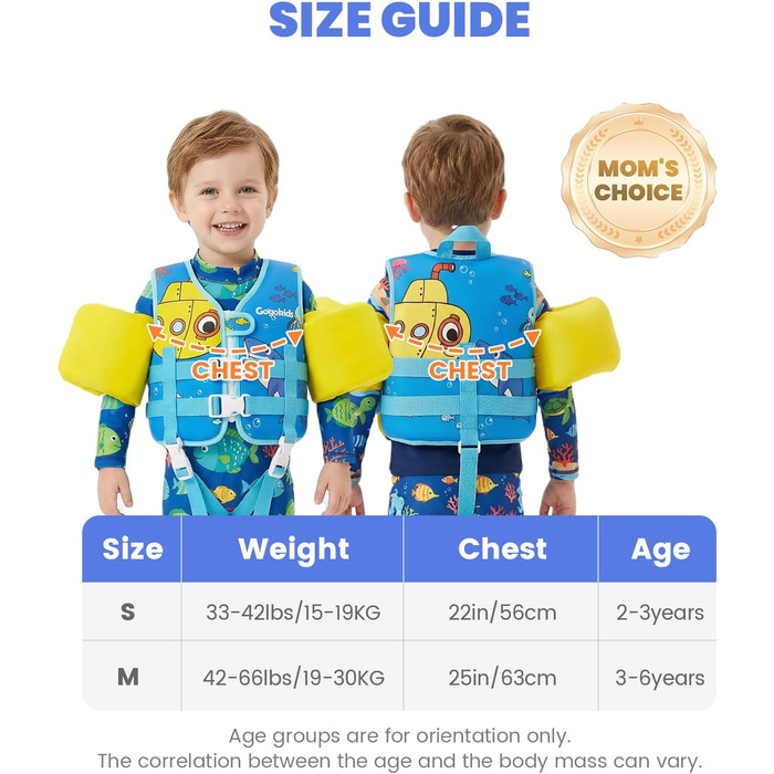 Дитячий рятувальний жилет Gogokids для плавання (2-6 років, 14-30 кг), блакитно-жовтий, з регульованими ременями