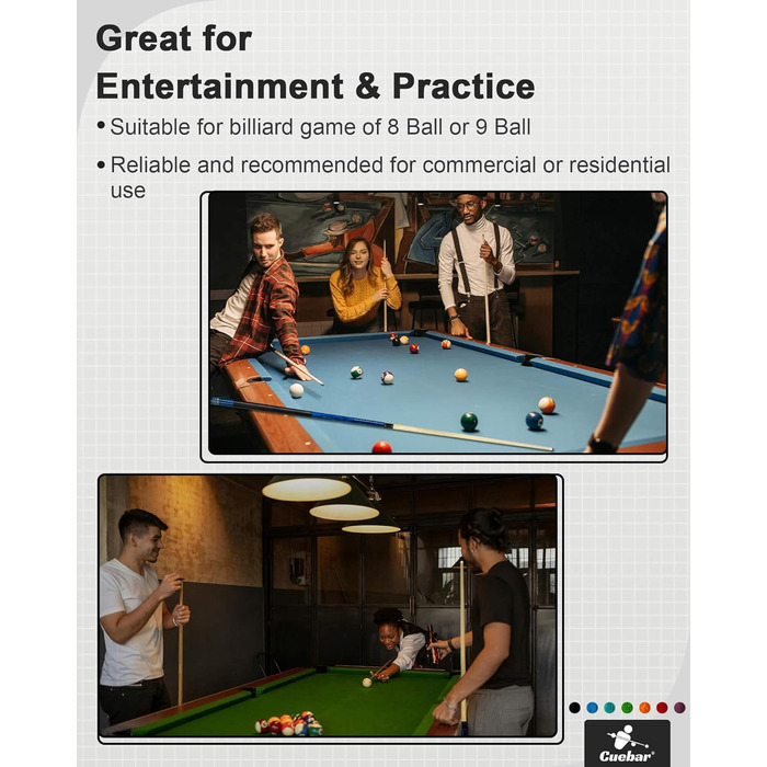 Набір київ для більярду CUEBAR 6 шт., киї 45,7 см, 50,8 см, 595,3 г. Киї для більярду з 3D-рукояткою, 147,3 см для чоловіків та жінок. Кольори: фіолетовий, червоний, зелений, блакитно-зелений, синій, чорний