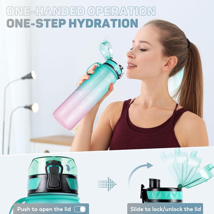 Спортивна пляшка для води 1L BPA-free з неслизьким гумовим ручками, зелено-фіолетовий градієнт, 1000 мл