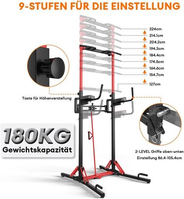 Багатофункціональна силова станція ONETWOFIT Power Tower: турнік, бруси та силовий стійка, регулювання висоти 127-220 см, навантаження до 180 кг, чорний