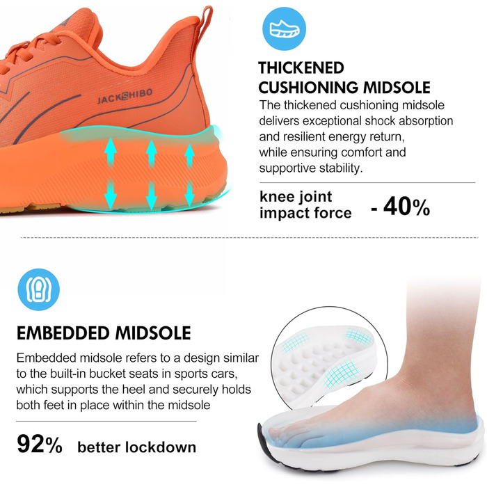 Чоловічі кросівки JACKSHIBO з широкою передньою частиною та підтримкою стопи. Ідеальні для бігу, ходьби, тенісу та ортопедичної підтримки плоскостопості. Широкі, зручні, з товстою підошвою, розмір 46 EU, колір: помаранчевий, візерунок 