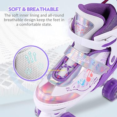 Дитячі ролики Hikole, регульовані, 4 колеса, світлові ефекти, для початківців, фіолетові