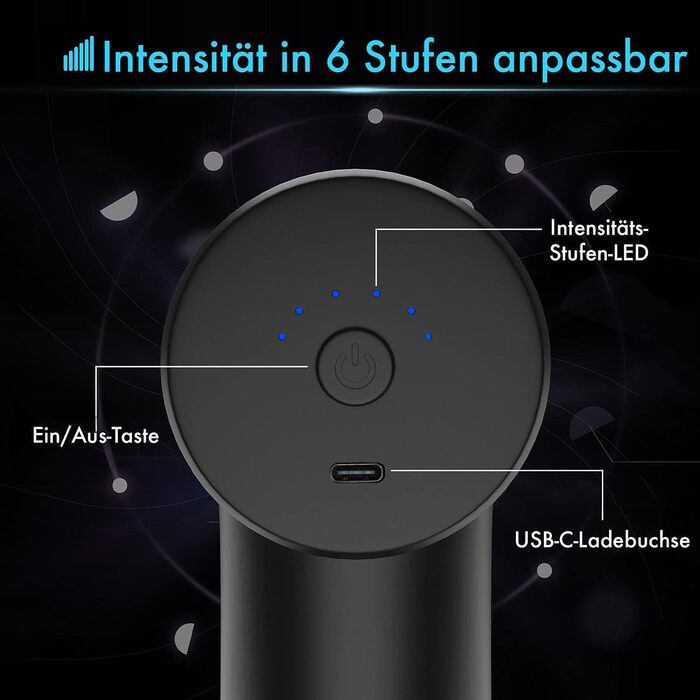 Масажний пістолет Newgen Medicals: Компактний акумуляторний масажер для рук з 4 насадками, 6 рівнів, USB-C, 30W