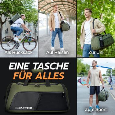 Спортивна сумка [з переробленого PET] 50L – Gym Bag та рюкзак в одному – водонепроникна сумка для тренувань чоловіча/жіноча – спортивний рюкзак з відділенням для взуття, фітнес, велика дорожня сумка (Pinewood Green)