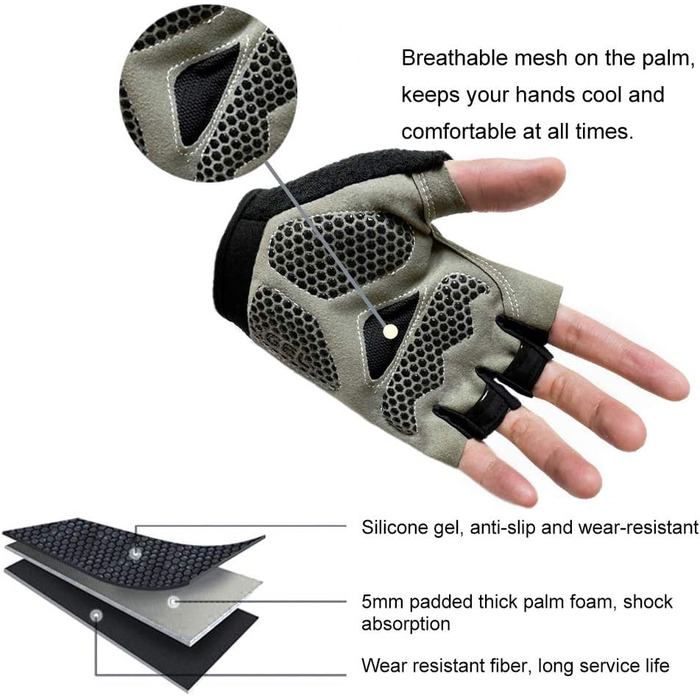 Рукавички для велосипеда для чоловіків та жінок: MTB, тренувальні, для шосе та гірського велосипеда, напівпальцеві, літні, чорний колір, розмір M