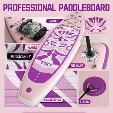Надувний SUP-борд FunWater 10'6'-11'6' – ідеальний для початківців та сімей, з антиковзким EVA-деком, веслом, насосом та аксесуарами (10'6-TIKI LILA)