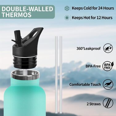 Термофляшка 1000 мл, не містить BPA, з нержавіючої сталі, подвійні стінки, ізольована, з трубочкою, для газованої води (зелений & фіолетовий)